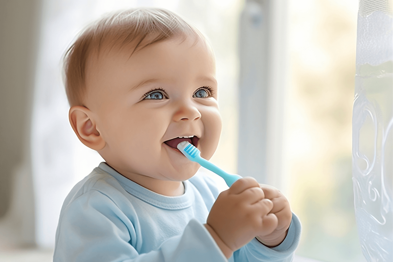A Baby With A Toothbrush In Their Mouth, Showing How To Start Dental Care Early