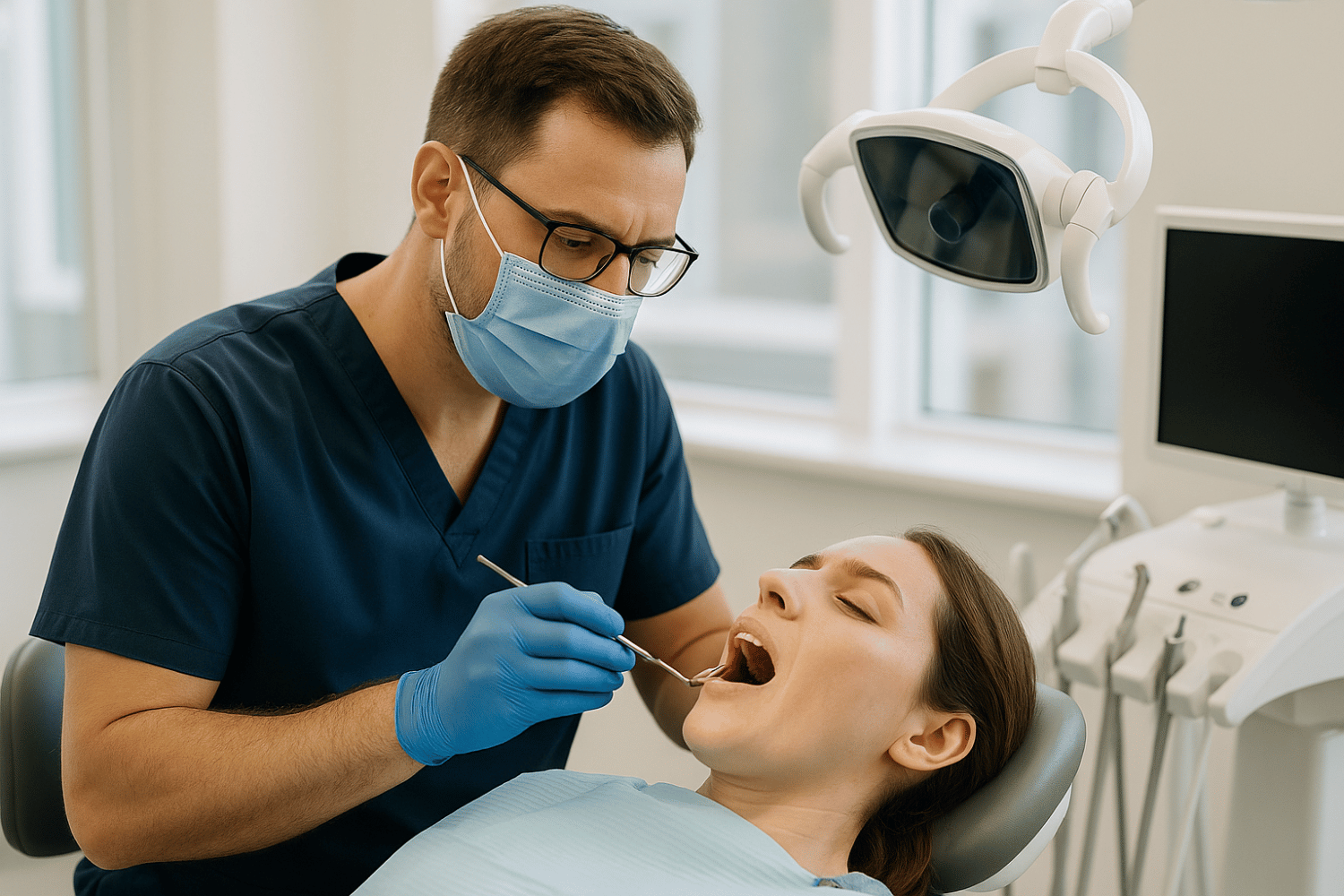 A Dentist Is Examining A Patient Using Modern Dental Equipment, Emphasizing The Importance Of Professional Dental Care For Maintaining Oral Health And Addressing Issues