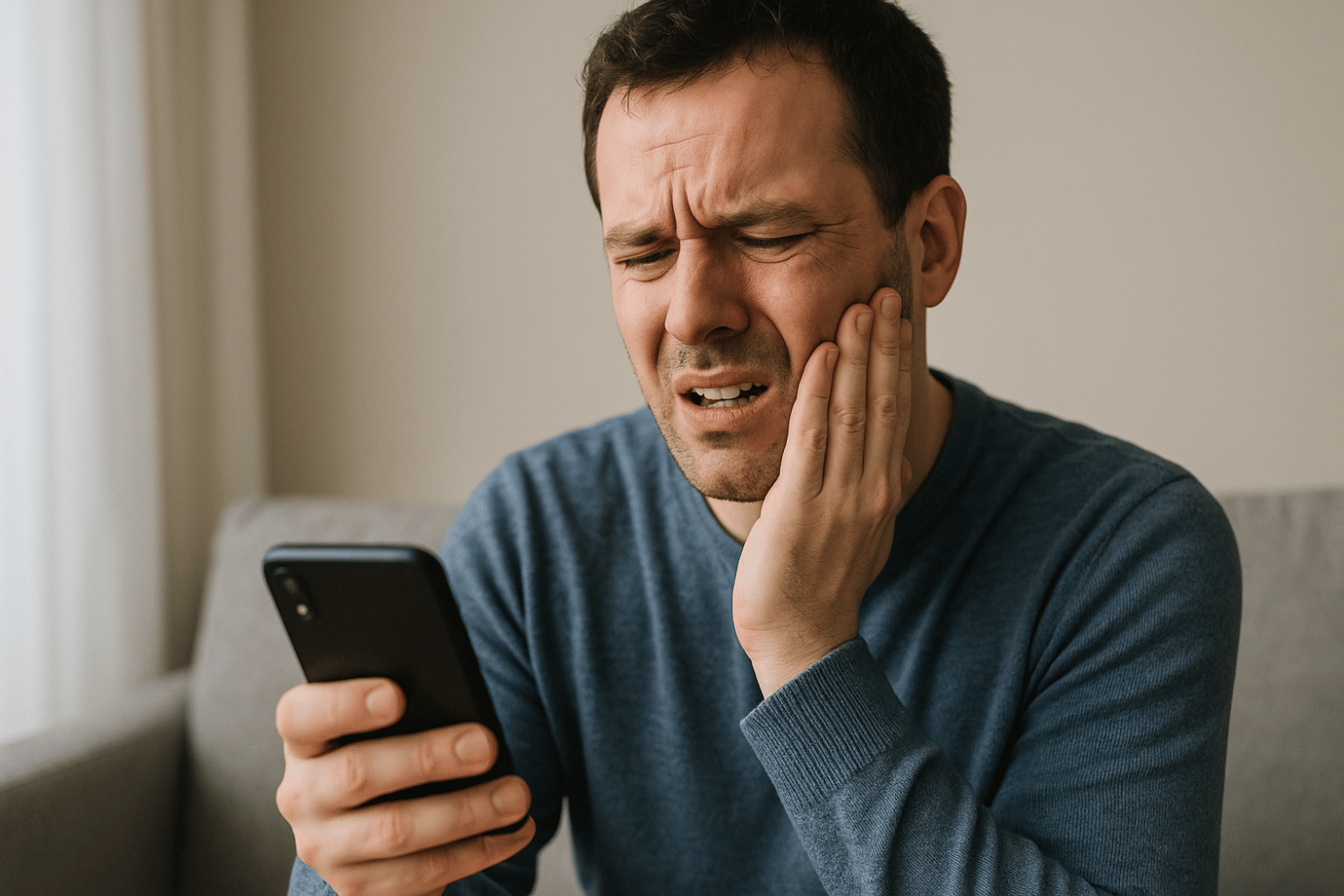 A Person Is Holding Their Jaw In Pain, Looking At Their Phone For Dental Remedies Related To Tooth Pain.