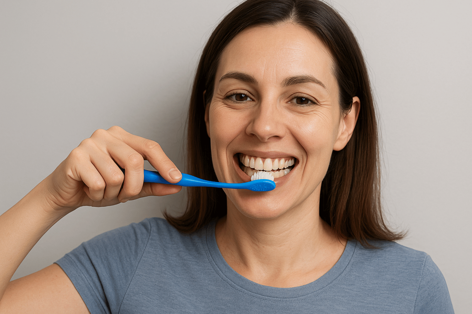 A Person Is Demonstrating The Proper Tooth Brushing Technique, Holding A Toothbrush At The Correct Angle And Using Circular Motions To Ensure Good Oral Hygiene.
