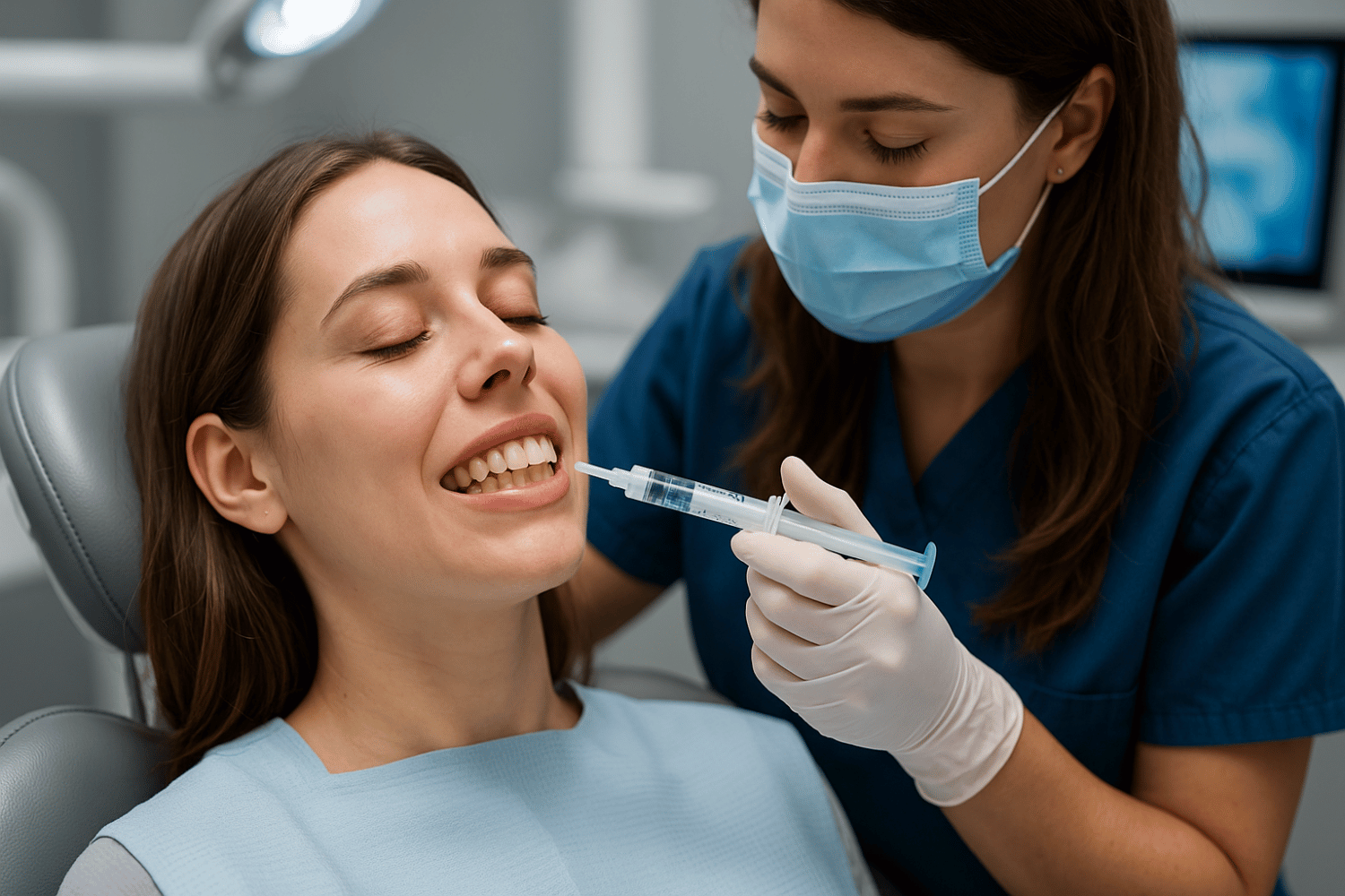 In A Dental Office, A Professional Is Performing A Teeth Whitening Treatment, Using Whitening Gel To Help Remove Stains And Discoloration From Adult Teeth.