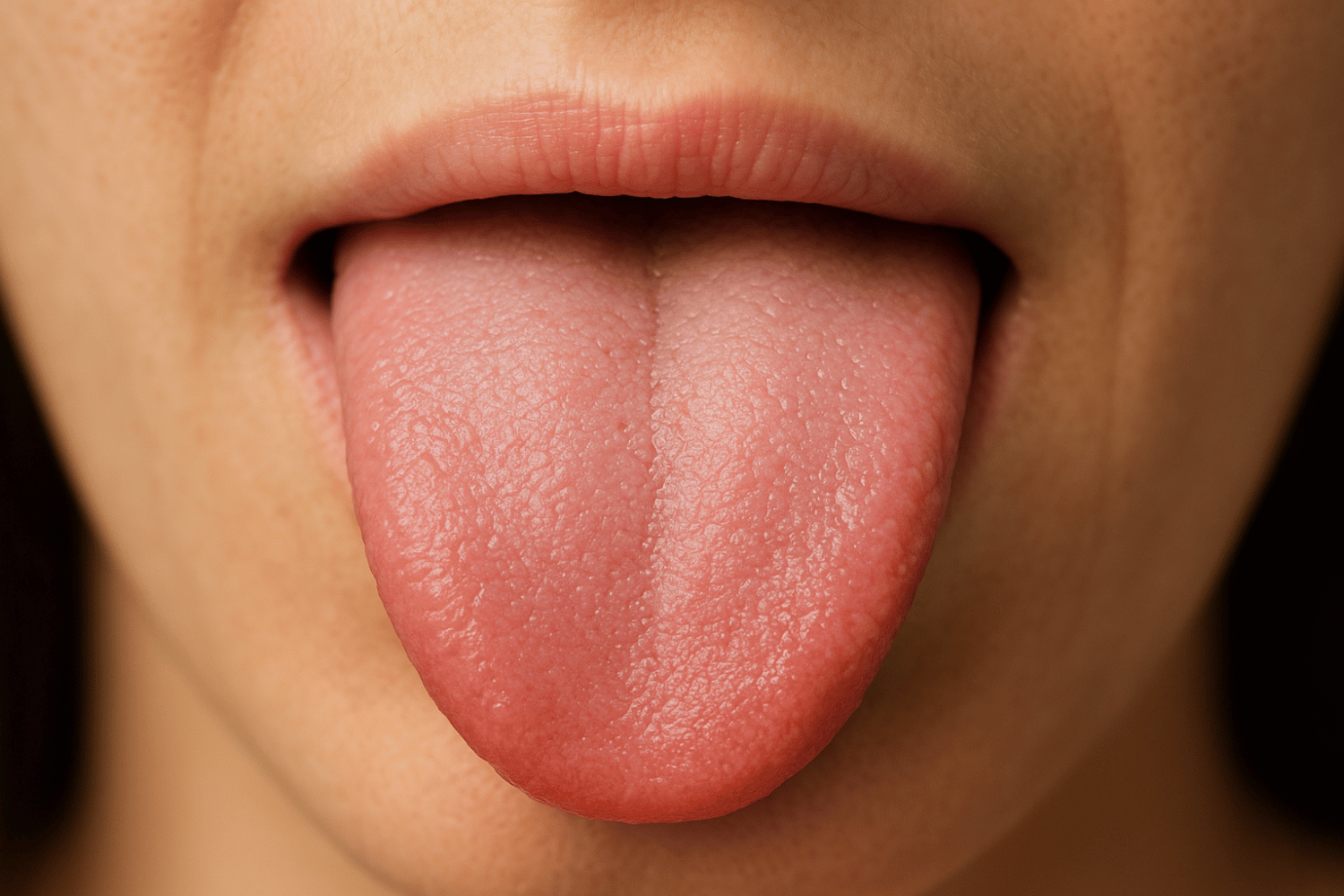 A Close-Up Image Of A Healthy Pink Tongue Showcases Its Normal Papillae Structure, Indicating Good Oral Hygiene And Overall Health. The Tongue'S Smooth Surface Is Free From Discoloration Or Lesions, Reflecting A Balanced State Without Signs Of Conditions Like Black Hairy Tongue Or Geographic Tongue.
