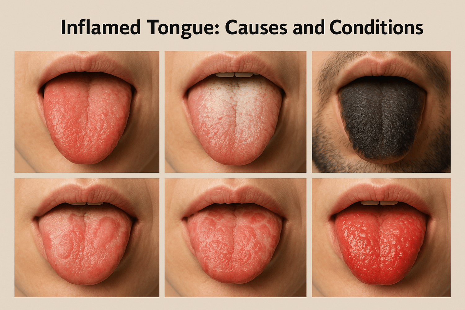 A Medical Illustration Depicts Various Stages Of Tongue Inflammation, Showcasing Different Tongue Colors Such As Red, White, And Black, Along With Conditions Like Geographic Tongue And Strawberry Tongue. The Image Highlights The Importance Of Oral Hygiene And The Potential Underlying Health Conditions That Can Affect The Tongue'S Appearance.