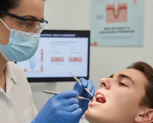A Dentist Is Conducting A Dental Examination, Carefully Examining A Patient'S Gums With Specialized Dental Instruments. This Scene Highlights The Importance Of Dental Health In Preventing Gum Disease, Which Can Be Affected By Conditions Such As Iron Deficiency Anemia.