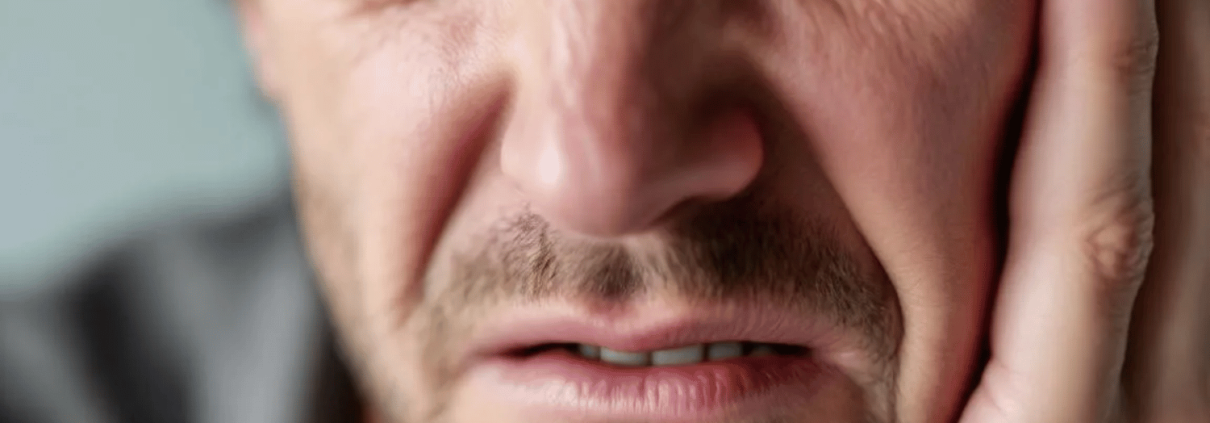 A Close-Up Image Shows A Person Grimacing In Pain While Holding Their Jaw, Indicating Discomfort From A Broken Tooth.