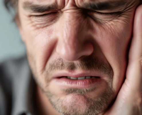 A Close-Up Image Shows A Person Grimacing In Pain While Holding Their Jaw, Indicating Discomfort From A Broken Tooth.