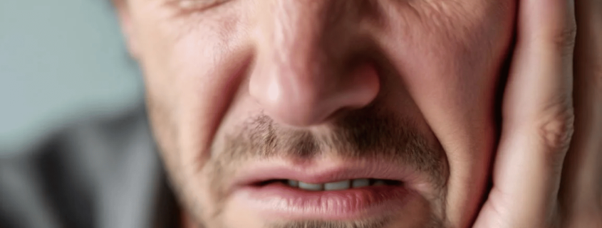 A Close-Up Image Shows A Person Grimacing In Pain While Holding Their Jaw, Indicating Discomfort From A Broken Tooth.