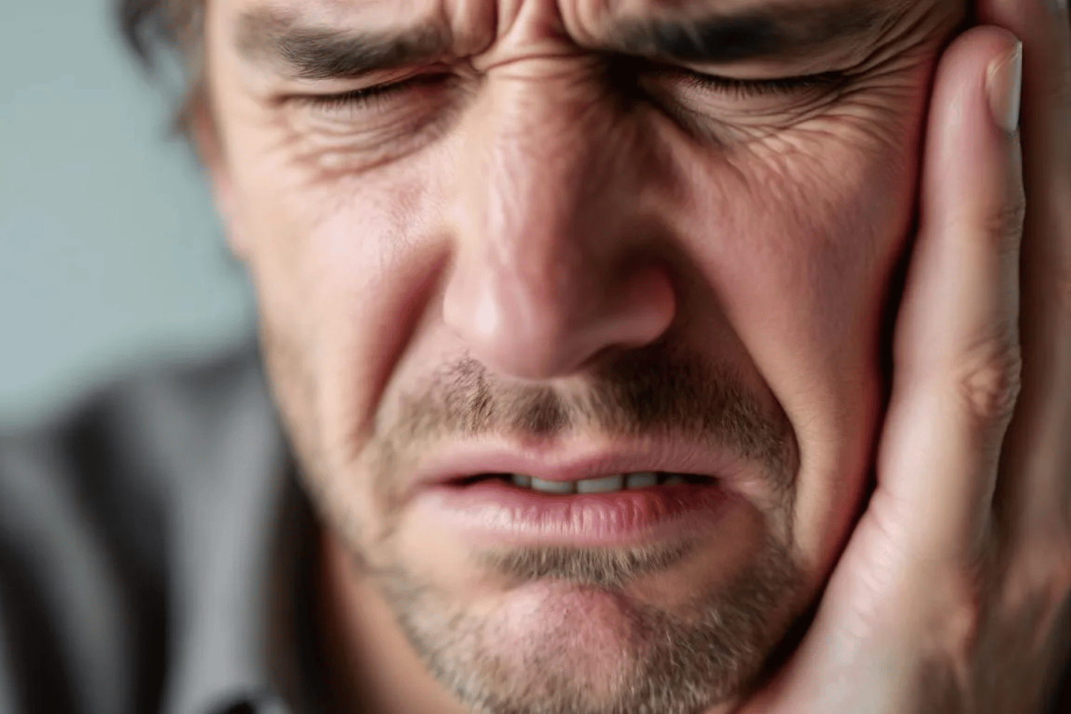 A Close-Up Image Shows A Person Grimacing In Pain While Holding Their Jaw, Indicating Discomfort From A Broken Tooth.