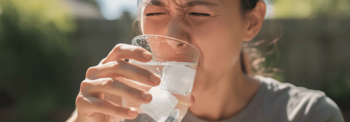 A Person Is Wincing In Discomfort While Sipping A Glass Of Ice Water On A Sunny Day, Indicating Potential Tooth Sensitivity Or Pain.