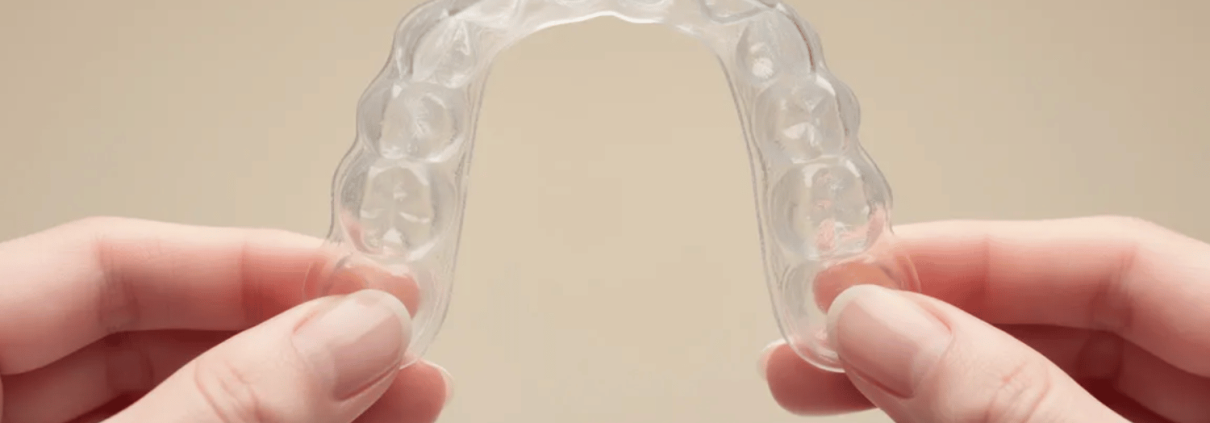 A Clear Aligner Tray Is Being Held Between Two Hands Against A Neutral Background, Showcasing Its Discreet Design As A Modern Orthodontic Treatment Option For Achieving Straighter Teeth.
