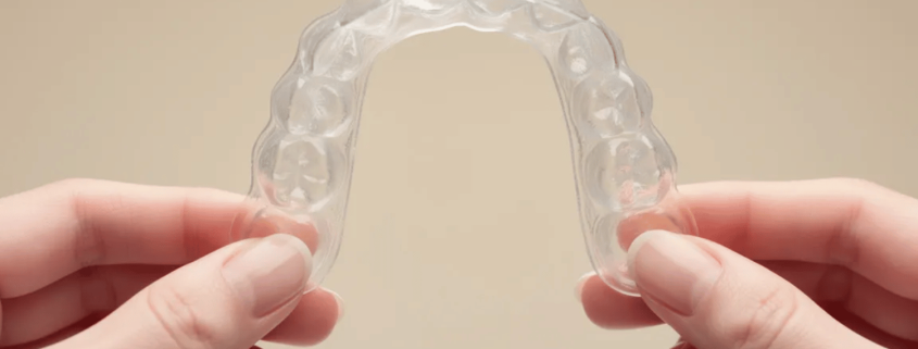 A Clear Aligner Tray Is Being Held Between Two Hands Against A Neutral Background, Showcasing Its Discreet Design As A Modern Orthodontic Treatment Option For Achieving Straighter Teeth.