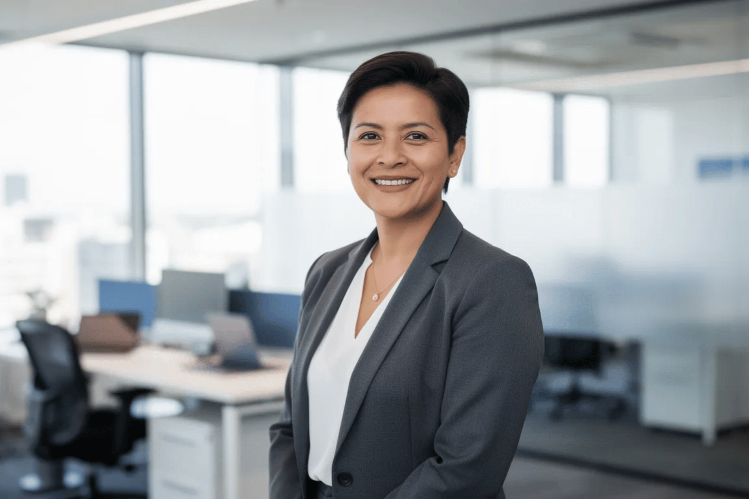 A Professional Adult Is Smiling Confidently In A Workplace Setting, Showcasing Their Straightened Teeth, Likely The Result Of An Orthodontic Treatment Such As Invisalign.