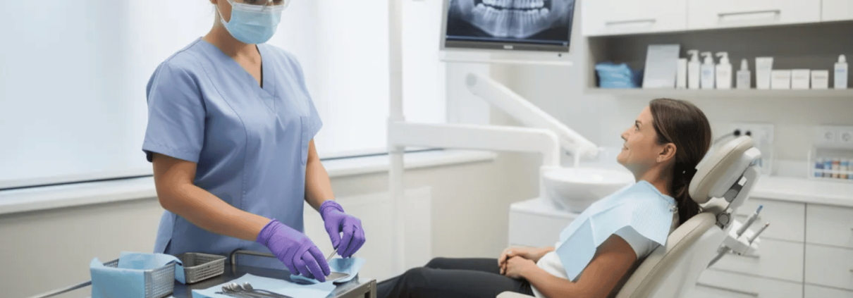 A Dental Hygienist Is Seen In A Modern Office Meticulously Preparing Specialized Tools For A Professional Teeth Cleaning While A Patient Sits Comfortably In A Dental Chair, Ready For Their Routine Dental Cleaning Aimed At Maintaining Optimal Oral Health And Preventing Gum Disease. The Atmosphere Is Calm And Organized, Reflecting The Importance Of Regular Dental Cleanings In Promoting Healthy Teeth And Gums.