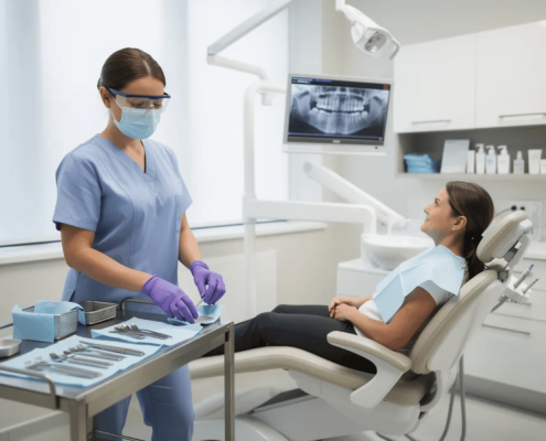 A Dental Hygienist Is Seen In A Modern Office Meticulously Preparing Specialized Tools For A Professional Teeth Cleaning While A Patient Sits Comfortably In A Dental Chair, Ready For Their Routine Dental Cleaning Aimed At Maintaining Optimal Oral Health And Preventing Gum Disease. The Atmosphere Is Calm And Organized, Reflecting The Importance Of Regular Dental Cleanings In Promoting Healthy Teeth And Gums.