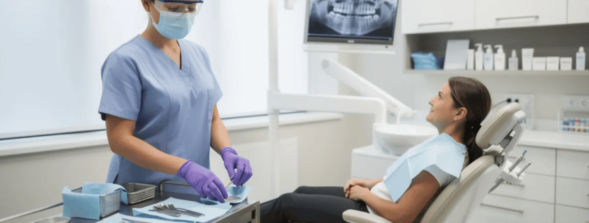 A Dental Hygienist Is Seen In A Modern Office Meticulously Preparing Specialized Tools For A Professional Teeth Cleaning While A Patient Sits Comfortably In A Dental Chair, Ready For Their Routine Dental Cleaning Aimed At Maintaining Optimal Oral Health And Preventing Gum Disease. The Atmosphere Is Calm And Organized, Reflecting The Importance Of Regular Dental Cleanings In Promoting Healthy Teeth And Gums.