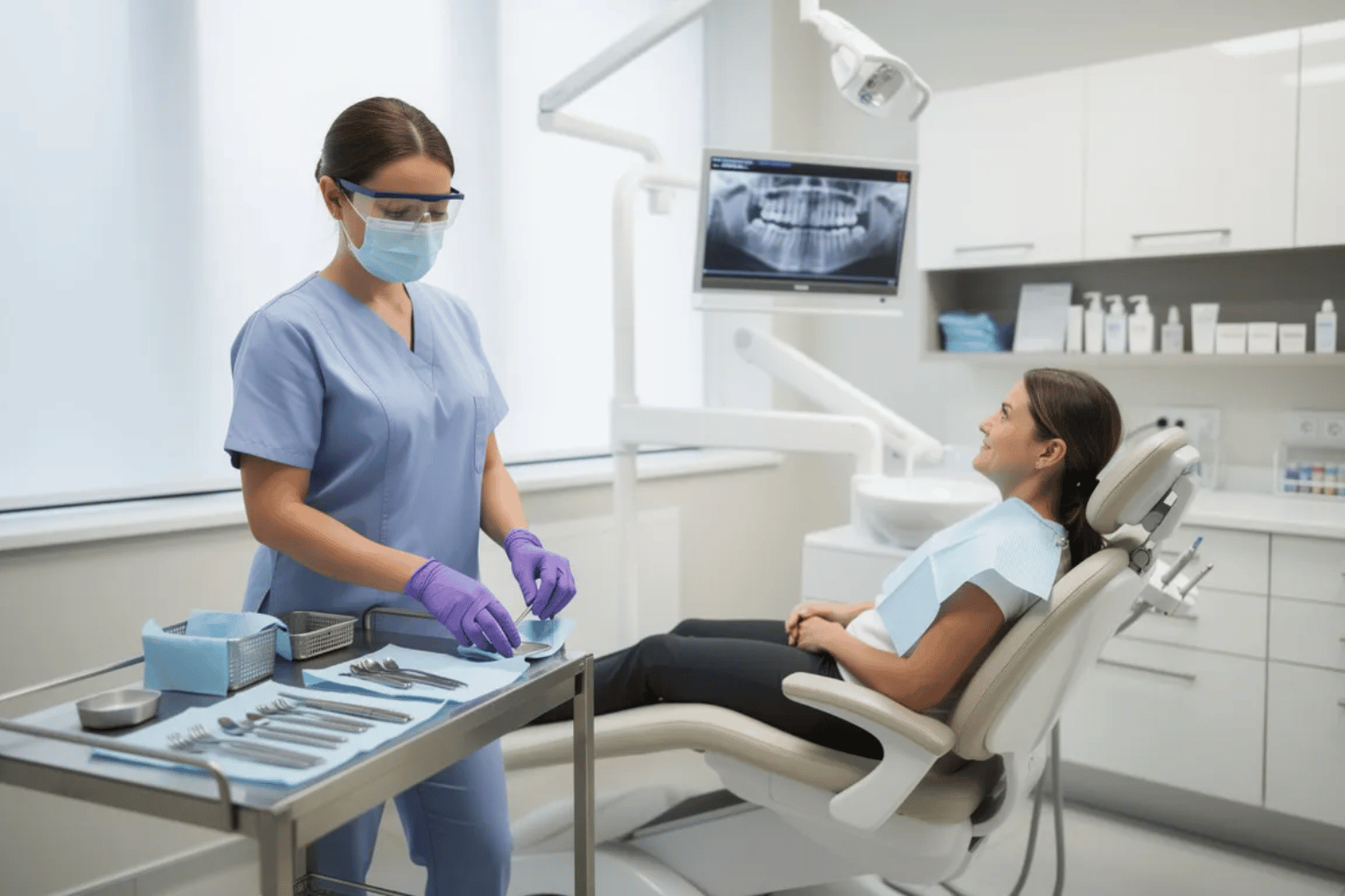 A Dental Hygienist Is Seen In A Modern Office Meticulously Preparing Specialized Tools For A Professional Teeth Cleaning While A Patient Sits Comfortably In A Dental Chair, Ready For Their Routine Dental Cleaning Aimed At Maintaining Optimal Oral Health And Preventing Gum Disease. The Atmosphere Is Calm And Organized, Reflecting The Importance Of Regular Dental Cleanings In Promoting Healthy Teeth And Gums.