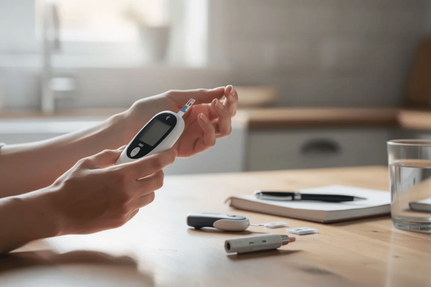 A Person Is Using A Glucose Meter To Check Their Blood Glucose Levels At Home, Highlighting The Importance Of Diabetes Management For Maintaining Overall Health. Regular Monitoring Can Help Prevent Complications Such As Gum Disease And Tooth Decay, Which Are Common Among People With Diabetes.