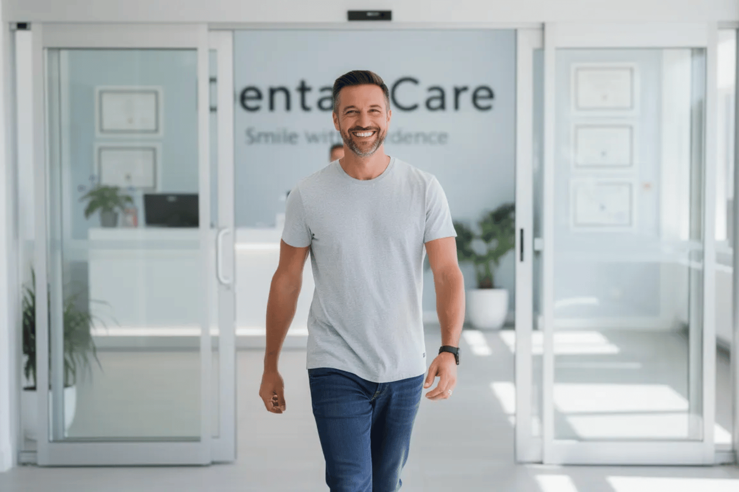 A Smiling Patient Confidently Walks Out Of A Dental Office After A Successful Dental Cleaning, Reflecting The Benefits Of Regular Dental Cleanings For Optimal Oral Health. Their Happy Demeanor Suggests A Positive Experience With The Dental Hygienist, Highlighting The Importance Of Preventive Care In Maintaining Healthy Teeth And Gums.