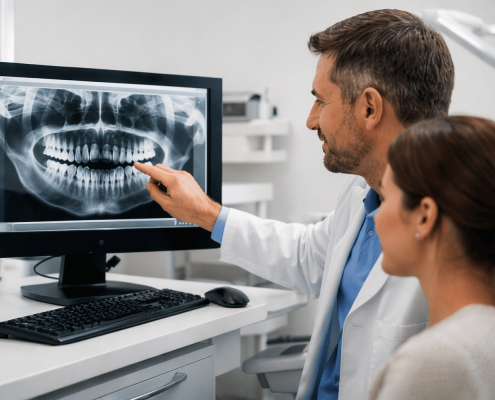 Should I See A Dentist Before Vacation? 1 Dentist Reviewing Digital X-Rays With A Patient In A Modern Dental Office To Diagnose Pain Cause