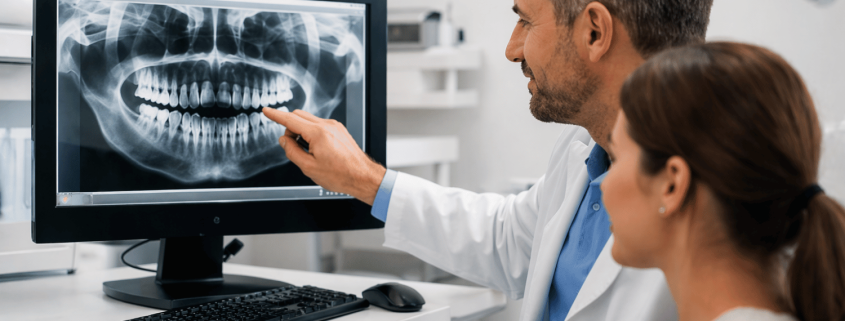 Should I See A Dentist Before Vacation? 1 Dentist Reviewing Digital X-Rays With A Patient In A Modern Dental Office To Diagnose Pain Cause