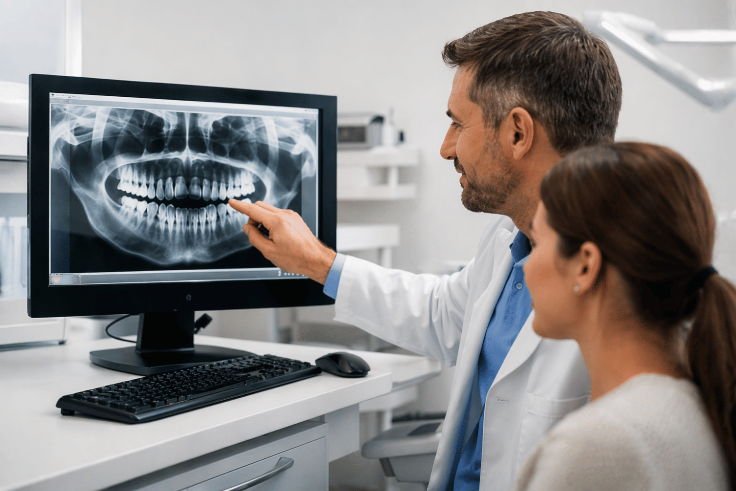 Dentist Reviewing Digital X-Rays With A Patient In A Modern Dental Office To Diagnose Pain Cause