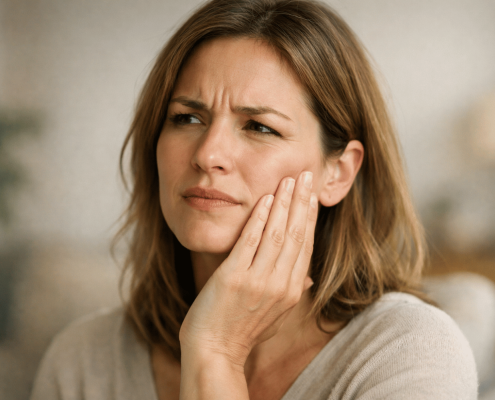Person Gently Touching Cheek And Upper Jaw With A Slightly Confused Expression, Representing Facial Pressure Or Tooth Pain