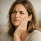 Person Gently Touching Cheek And Upper Jaw With A Slightly Confused Expression, Representing Facial Pressure Or Tooth Pain