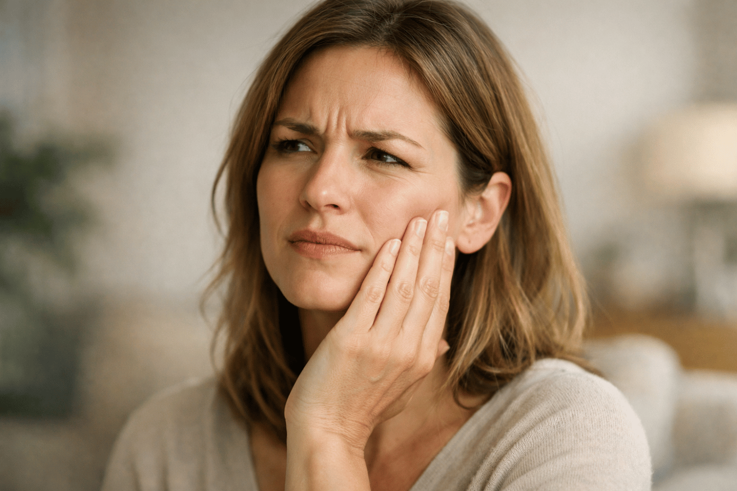 Person Gently Touching Cheek And Upper Jaw With A Slightly Confused Expression, Representing Facial Pressure Or Tooth Pain