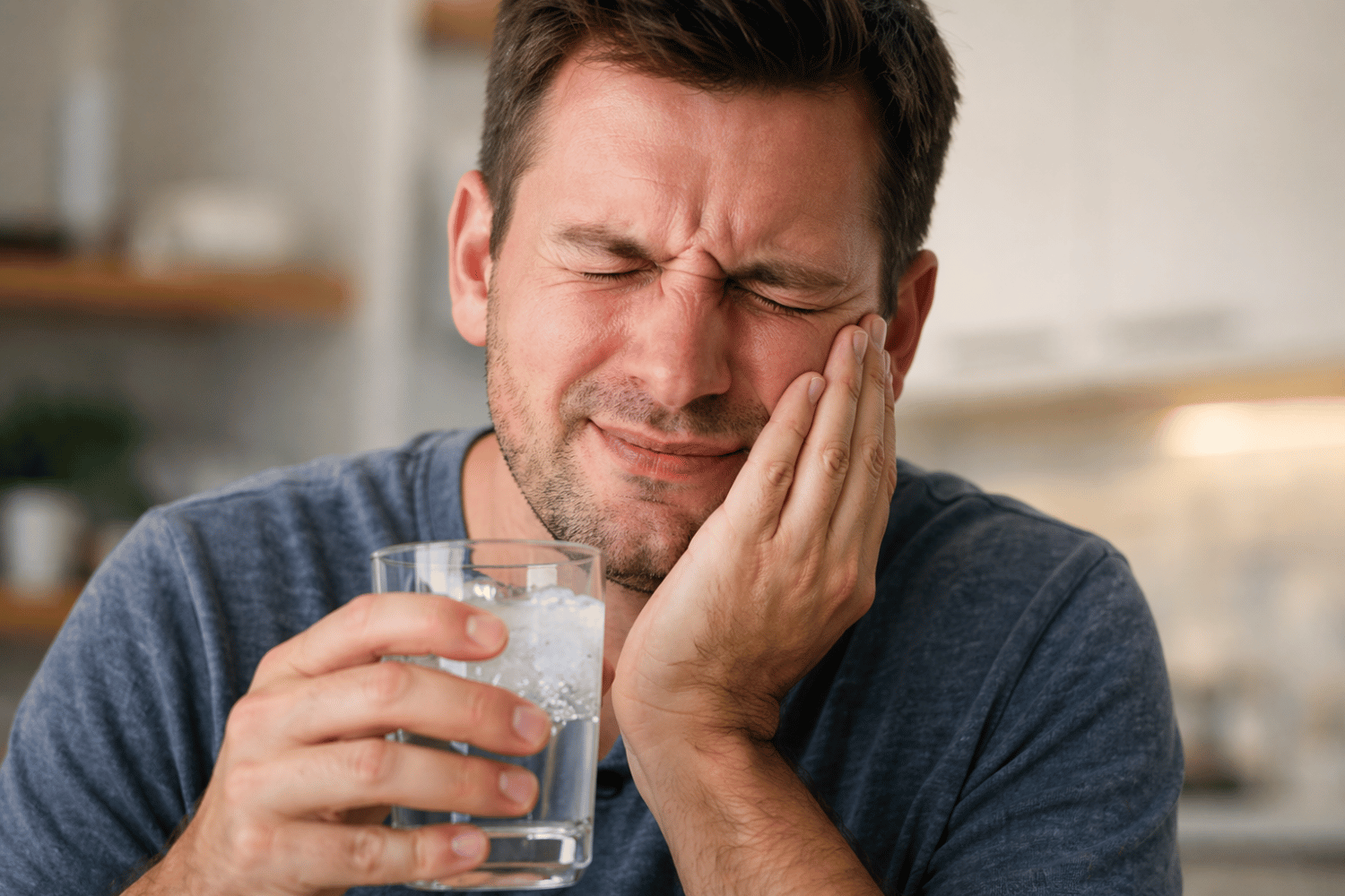 Person Reacting To Sharp Tooth Pain Triggered By Cold Drink, Showing Localized Dental Sensitivity