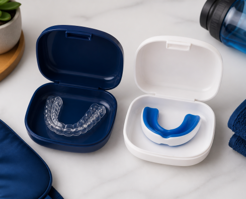 Two Distinct Dental Mouthguard Appliances In Protective Cases