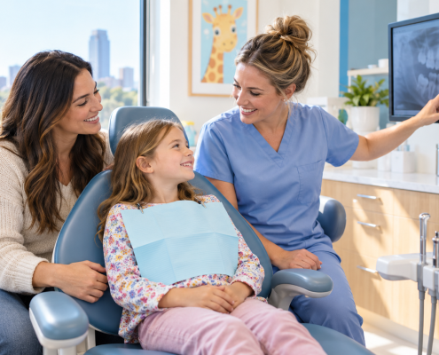 A Dental Professional In Blue Scrubs Points To A Panoramic Dental X-Ray On A Wall Monitor While A Smiling Young Girl In A Dental Bib Reclines In A Blue Chair Beside Her Caregiver.
