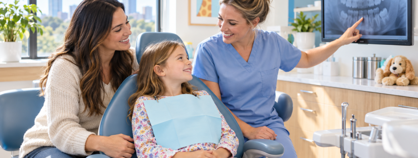 Children'S Dental X-Rays: Questions Parents Can Ask At A Checkup 1 A Dental Professional In Blue Scrubs Points To A Panoramic Dental X-Ray On A Wall Monitor While A Smiling Young Girl In A Dental Bib Reclines In A Blue Chair Beside Her Caregiver.